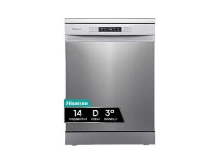 Lavavajillas - Hisense HS623D10X, 14 servicios, 7 programas, 60 cm, Media Carga, Tercera bandeja, Inox