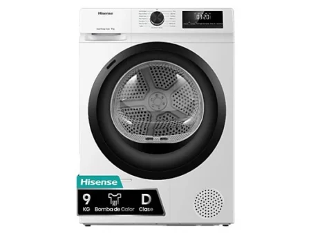 Secadora bomba de calor - Hisense DHQE900UWDC, 9 kg, 16 programas, Anti arrugas, Secado automático, Blanco